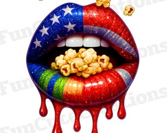 Lábios pingando pipoca em 4 de julho PNG, Lábios com bandeira americana PNG, Clipart de lábios patrióticos, Clipart de lábios vermelhos, brancos e azuis, Clipart de pipoca