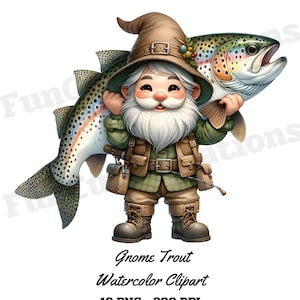 Gnome Trout Watercolor Clipart Bundle, Trout Clipart, Fishing Trout Gnome, Cute Gnome PNG, With Transparent Background and Commercial Use