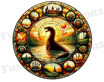 Loch Ness Monster Stained Glass Clipart, Nessie Clipart, Lake Monster, Cryptid Clipart, With Transparent Background and Commercial Use