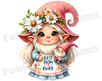 Fête des Mères Gnome Aquarelle Clipart Bundle, Fête des Mères Clipart, Fête des Mères PNG, Avec Fond Transparent et Utilisation Commerciale