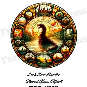 Monstre du Loch Ness vitrail Clipart, clipart Nessie, monstre du lac, clipart cryptide, avec fond Transparent et usage Commercial