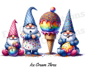 Ice Cream Three Gnomes Clipart, Ice Cream Clipart, Ice Cream Party, Summer Gnome PNG, With Transparent Background and Commercial Use