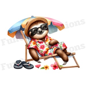 Summer Sloth Clipart, Cute Sloth Clipart, Beach Clipart, Summer Clipart, Sloth Lovers Gift, With Transparent Background and Commercial Use