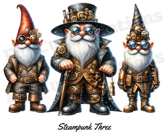 Steampunk Tres Gnomos Clipart, Steampunk Clipart, Steampunk PNG, Lindo Gnomo PNG, Con Fondo Transparente y Uso Comercial