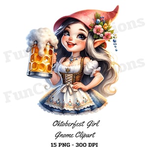 May include: A cartoon gnome girl wearing a pink hat and a white and blue dirndl dress holds a large stein of beer. The stein is filled with a golden liquid and has a white foamy head. The gnome girl has long blonde hair and blue eyes. The background is white.