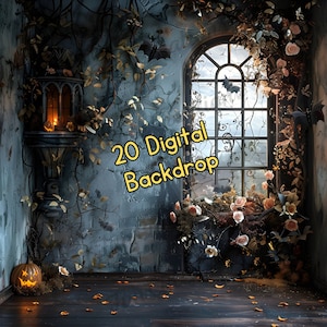Halloween-gotische raamachtergrond, spookachtige gotische achtergrond, digitale Halloween-achtergrond, Halloween-overlay, achtergrond Halloween-feest
