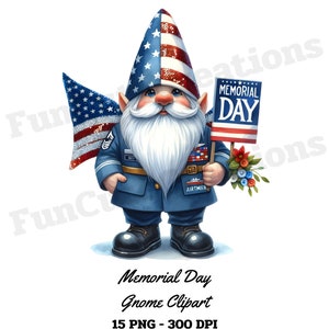 Memorial Day Gnome Clipart, nain du 4 juillet PNG, clipart nain patriotique, gnomes drapeau des Etats-Unis, avec un fond Transparent et un usage Commercial