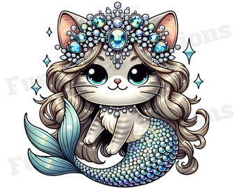 Clipart de sereia de gato, clipart de sereia, clipart de gato, clipart de meowmaid, clipart de amante de gato, com fundo transparente e uso comercial