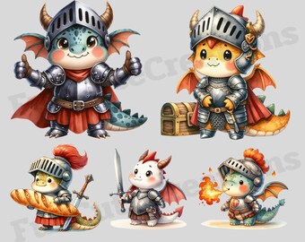 Cute Medieval Knight Dragon Watercolor Clipart, Cute Medieval Knight Dragon Clipart Illustrations, Medieval Knight Dragon Designs
