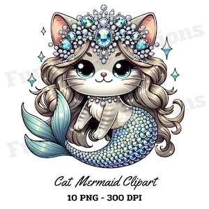 Clipart sirène chat, sirène des cliparts, chat des cliparts, clipart miaouse, clipart amateur de chat, avec fond Transparent et usage Commercial