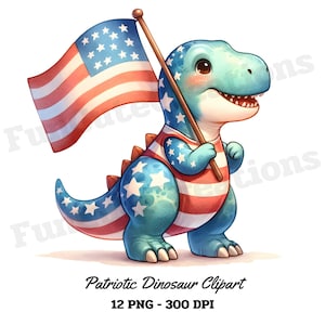 Patriottische dinosaurus clipart, 4 juli clipart, USA dinosaurus png, Amerikaanse vlag dinosaurus, met transparante achtergrond en commercieel gebruik