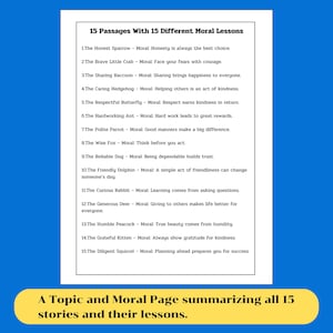 May include: A printable worksheet with 15 passages, each featuring an animal and a moral lesson. The worksheet is titled "15 Passages With 15 Different Moral Lessons".