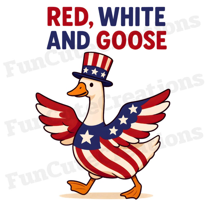 K&ouml;nnte beinhalten: Eine Cartoon-Gans mit Zylinder und Fl&uuml;geln in den Farben Rot, Wei&szlig; und Blau mit Sternen und Streifen. Der Text "RED, WHITE AND GOOSE" steht &uuml;ber der Gans. Die Gans geht mit einem orangefarbenen Schnabel und F&uuml;&szlig;en.
