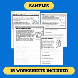 May include: A set of 15 printable worksheets for kids featuring black and white illustrations of a sparrow, raccoon, crab, and hedgehog. Each worksheet includes a short story and questions to help children learn about honesty, sharing, bravery, and caring. The text on the worksheets reads "The Honest Sparrow", "The Sharing Raccoon", "The Brave Little Crab", and "The Caring Hedgehog".