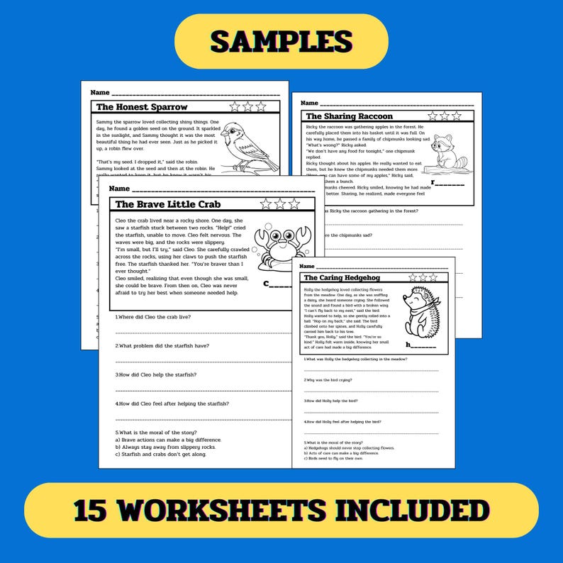 May include: A set of 15 printable worksheets for kids featuring black and white illustrations of a sparrow, raccoon, crab, and hedgehog. Each worksheet includes a short story and questions to help children learn about honesty, sharing, bravery, and caring. The text on the worksheets reads "The Honest Sparrow", "The Sharing Raccoon", "The Brave Little Crab", and "The Caring Hedgehog".