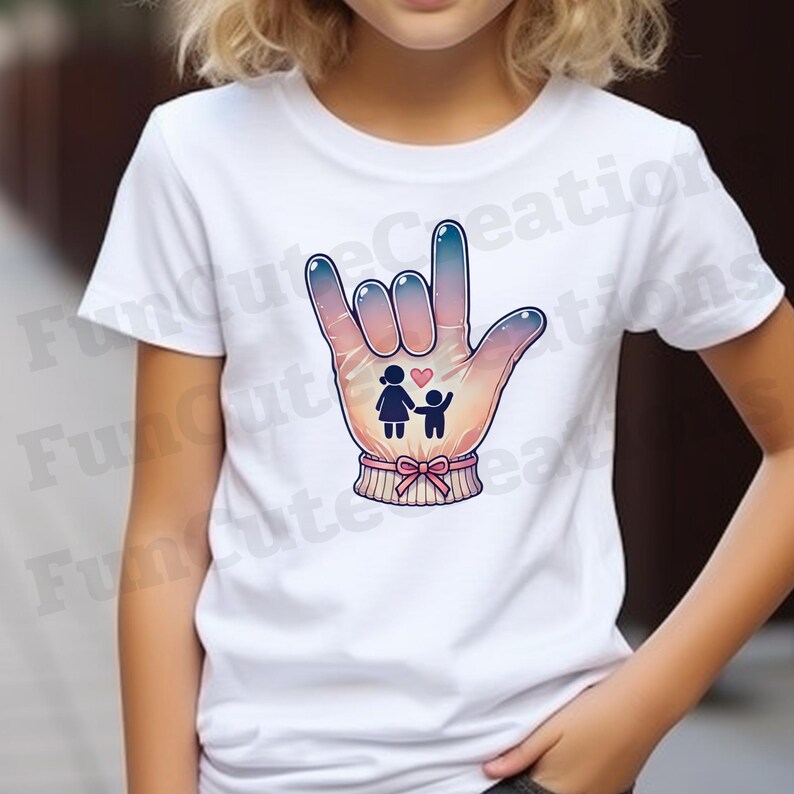 May include: A white t-shirt with a colorful illustration of a hand making the American Sign Language sign for "I love you". The hand is depicted with a pink bow and a small illustration of a family inside the hand.