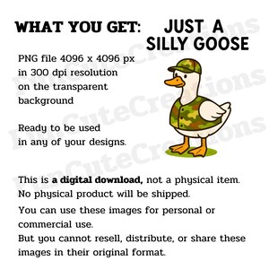 May include: Digital download graphic of a cartoon goose in a camouflage vest and cap. The text says "JUST A SILLY GOOSE." The image is a PNG file, 4096 x 4096 pixels, 300 dpi resolution, on a transparent background.