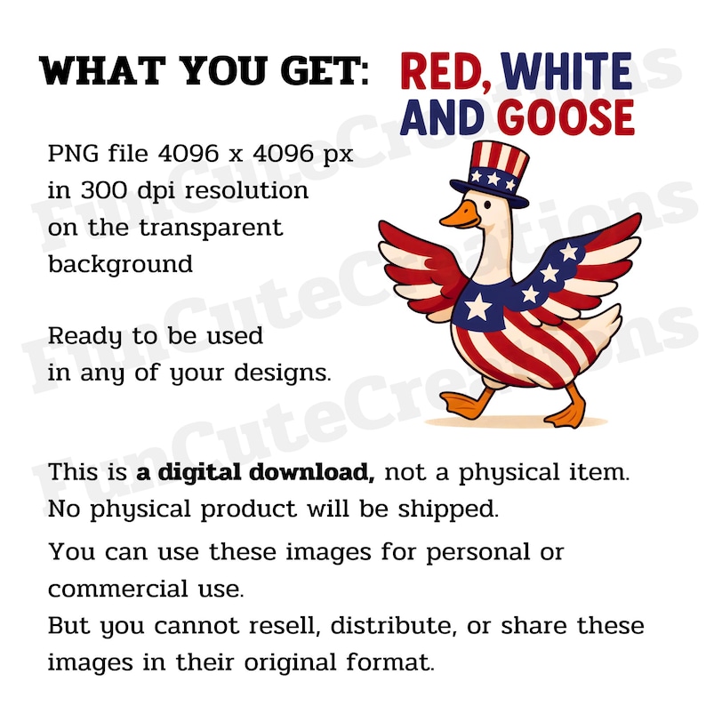 K&ouml;nnte beinhalten: Ein digitaler Download-Grafik mit einer Gans in patriotischen Farben. Die Gans tr&auml;gt einen Zylinder und hat Fl&uuml;gel und einen K&ouml;rper, die mit rot-wei&szlig;-blauen Mustern verziert sind. Der Text enth&auml;lt "RED, WHITE AND GOOSE" und Details zur digitalen Datei.