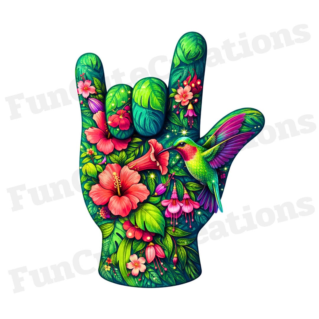 Floral Hummingbird Hand Glove I Love You ASL PNG, Tropical Flowers Sign ...