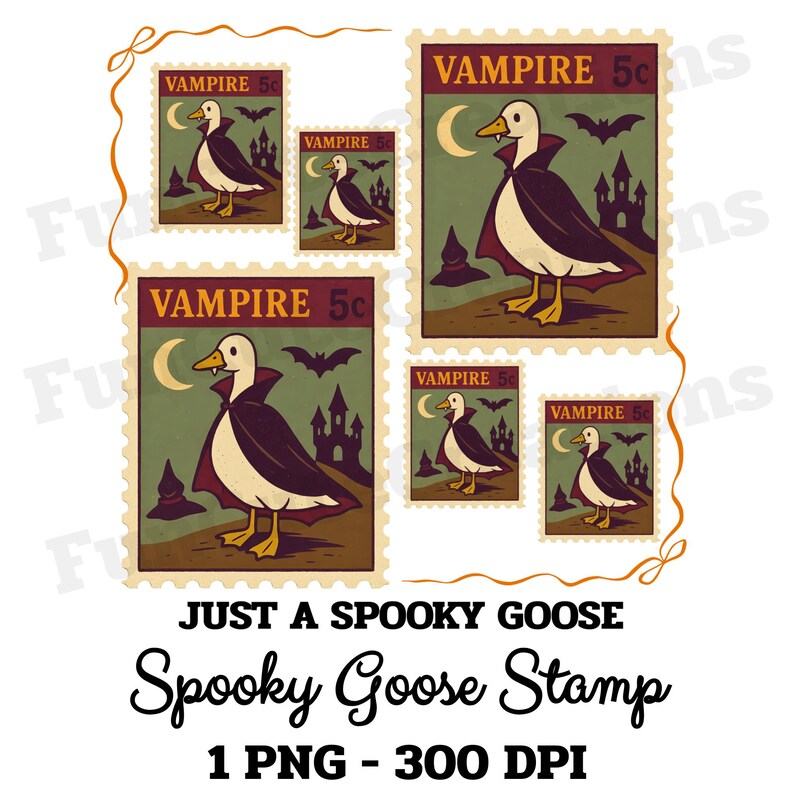 Op de afbeelding: Een verzameling vintage-stijl postzegels met een gans verkleed als een vampier. Elke postzegel heeft een groene achtergrond met een maan, vleermuizen en een spookkasteel. De tekst "VAMPIRE 5c" staat bovenaan. De tekst "JUST A SPOOKY GOOSE" en "Spooky Goose Stamp" staan onderaan.