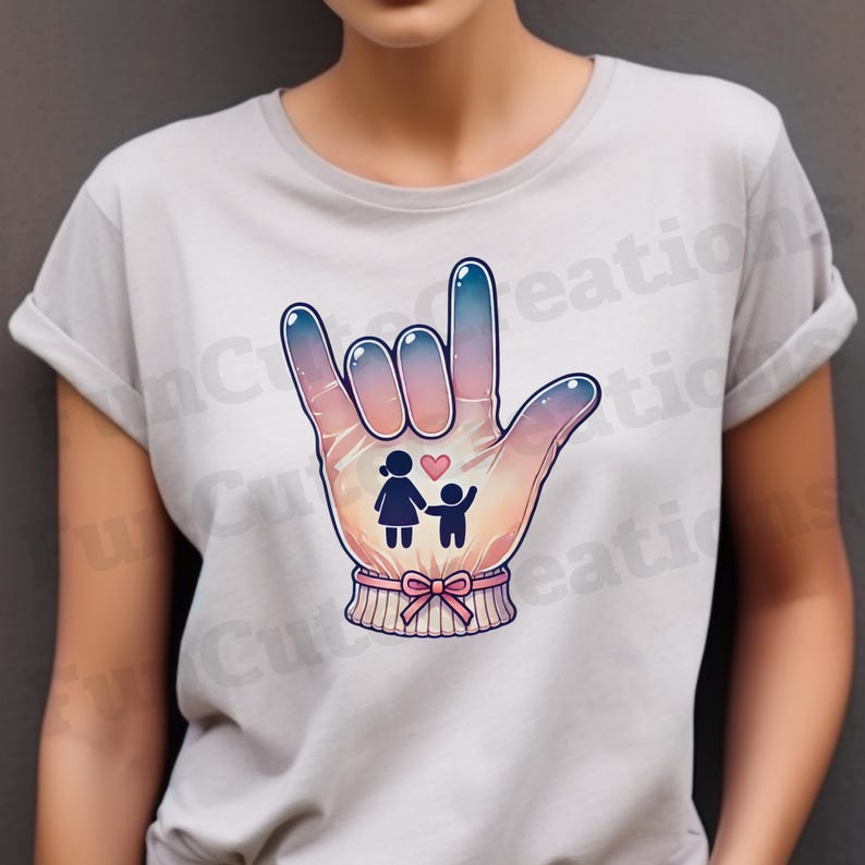 May include: A grey t-shirt with a graphic of a hand making the American Sign Language sign for "I love you". The hand is stylized with a gradient of blue and pink colors. Inside the hand is a small illustration of a woman and a child holding hands with a pink heart above them.