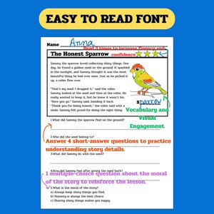 May include: A colorful worksheet for kids featuring a cartoon sparrow and a story about honesty. The worksheet includes questions to help children understand the story and its moral. The text reads "The Honest Sparrow" and "Answer 4 short-answer questions to practice understanding story details."