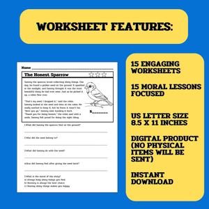 May include: A black and white worksheet with the title "The Honest Sparrow" and a cartoon sparrow. The worksheet includes a short story about a sparrow who finds a golden seed and returns it to its owner, a robin. The worksheet has five questions about the story, designed to teach children about honesty and sharing.