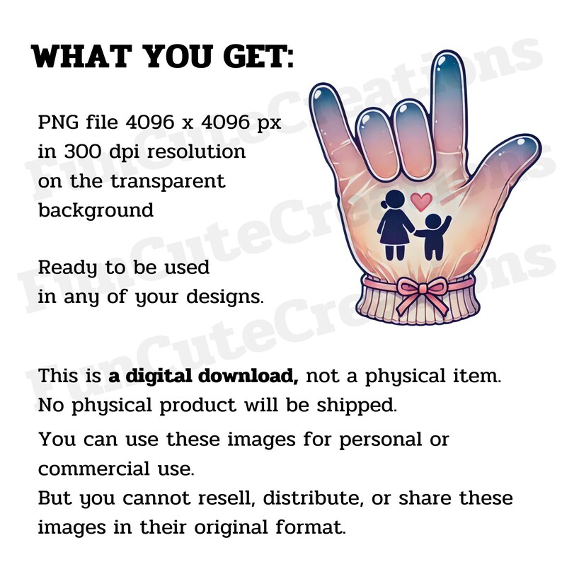 May include: A digital illustration of a pink and blue hand making the American Sign Language sign for "I love you". The hand is wearing a white knitted glove with a pink bow. Inside the glove, a small illustration of a woman and a child holding hands with a pink heart above them.