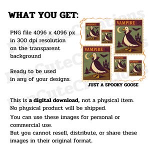 Op de afbeelding: Digitale download met postzegels in vintage-stijl met een spookachtig ganzenontwerp. De postzegels zijn in bruin, zwart en wit, met het woord "Vampire" en de tekst "Just a Spooky Goose". De afbeelding bevat tekst: "WHAT YOU GET:" en "digital download".