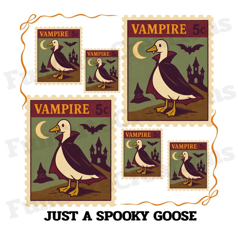 Op de afbeelding: Een verzameling postzegels met een cartoon gans verkleed als vampier. De postzegels hebben een groene achtergrond met een maan, vleermuizen en een spookkasteel. Tekst luidt "VAMPIRE 5c" en "JUST A SPOOKY GOOSE".