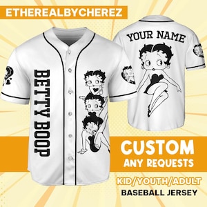 Traje de equipo de béisbol de dibujos animados personalizado de Betty Boop bailando en blanco