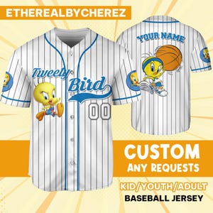 Personalize Tweety Bird Jersey Azul Branco, Camisa de Beisebol, Personalizado Infantil, Juvenil, Adulto, Aniversário, Traje de Time de Desenho Animado