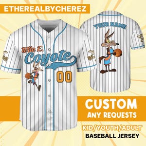 Personalize Wile E. Coyote Jersey Laranja Branco, Camisa de Beisebol, Personalizado Infantil, Juvenil, Adulto, Aniversário, Traje de Time de Desenho Animado