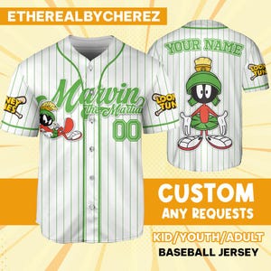 Looney Tune Marvin The Martian personalizado beisebol simples, personalizado crianças, jovens, adultos, aniversário, traje de equipe de desenho animado