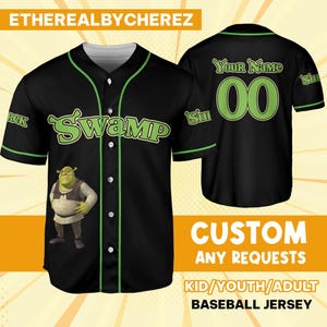 Personalize Shrek Swamp Preto Verde, Camisa de Beisebol, Personalizada para Crianças, Jovens, Adultos, Aniversário, Traje de Equipe de Desenho Animado