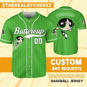 Personalize Buttercup Jersey Green White, Custom Kids, Youth, Adult, Birthday, Cartoon Team Outfit