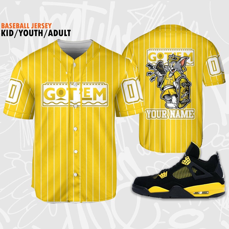 Personalize Got Em Cat Sneaker Jersey to Match Jordan 4 Thunder