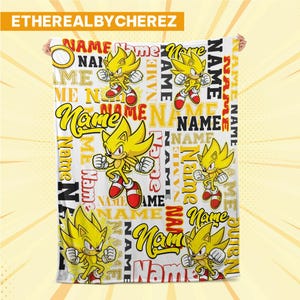 Personalized Super Sonic Hedgehog Fleece Blanket – Custom Name Disney Throw for Kid, Birthday Gift, Baby Shower, Gift for Boy and Girl
