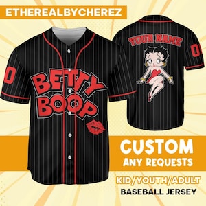 Personalize Betty Boop Red Black, Betty Boop Baseball Jersey, Funny Movie Cartoon Gift For Fans, Custom Name Shirt, Birthday Gift