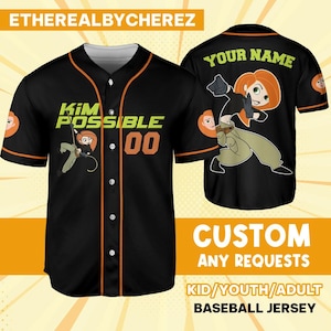 Spersonalizuj Kim Possible pomarańczowo-czarną koszulkę, baseball, niestandardowy strój dla dzieci, młodzieży, dorosłych, urodzinowy, kreskówkowy strój drużynowy