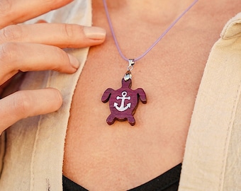 Custom Pet Portrait Anchor Necklace with Pearl Inlay, Wooden Turtle  Couples Necklace, Unique Gift for Friends
