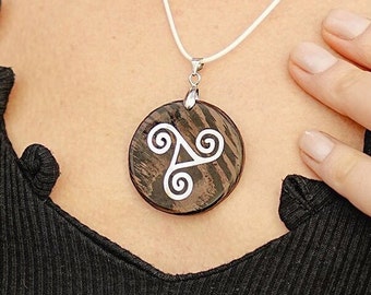 Triskelion Wooden Necklace with Pearl Inlay, Customized Celtic Jewelry, Valentines Day Gift for Her