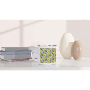 Holly Blue Butterfly Camping Mug – 12oz Enamel Cup with Yellow Dandelions | Nature Gift for Gardeners, Hikers & Butterfly Lovers