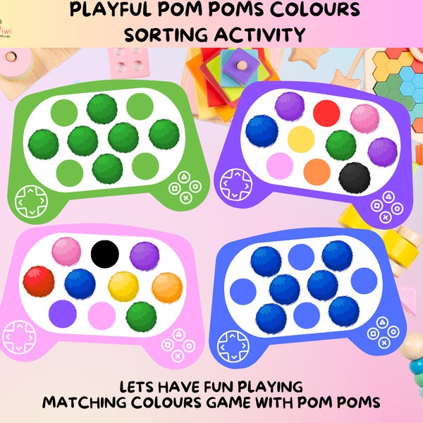 Color Sorting with Pom Poms Printable Montessori Cute Fun Activity Toddler Preschool Homeschool Color Matching Fine Motor Skill PDF Activity