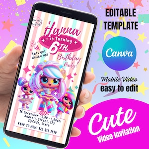 May include: A mobile phone screen displaying a colorful birthday invitation for a girl named Hanna turning 6. The invitation features a cartoon image of three dolls with colorful hair and clothing. The text on the invitation reads "Hanna is turning 6th Birthday Party!" and includes details such as the date, time, address, and RSVP information. The invitation is designed with a pink, blue, and white color scheme and includes stars and glitter accents.