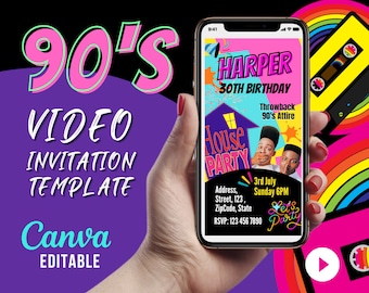 May include: A smartphone screen displaying a 90s themed birthday party invitation for Harper's 30th birthday. The invitation features a house party theme with the text "Throwback 90s Attire" and "Let's Party".