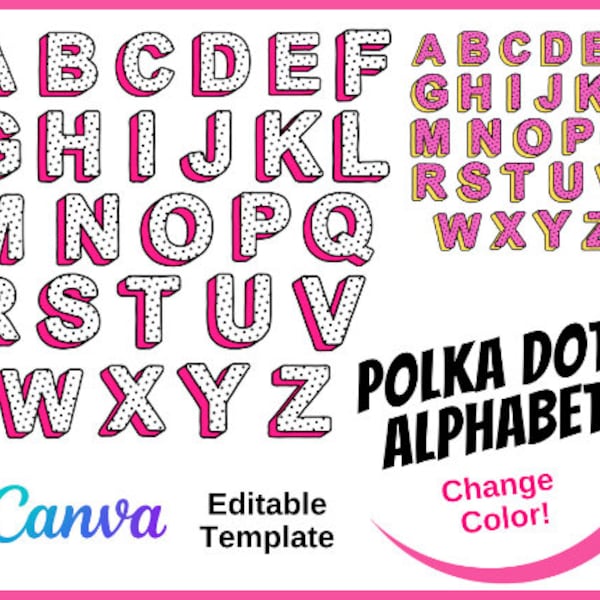 Canva template, Customizable Polka Dot Alphabet Template for Canva Users | Editable Template