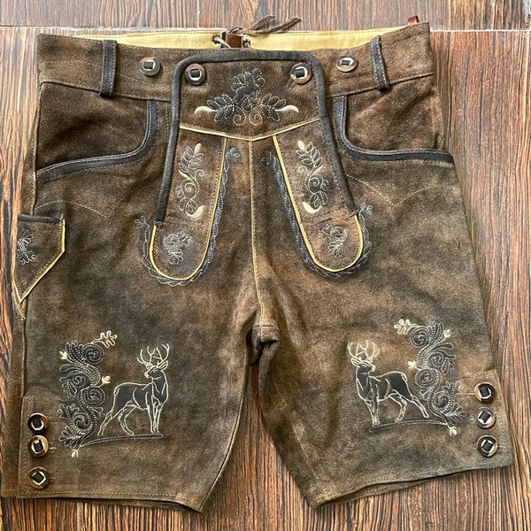 Traditional Bavarian Lederhosen Genuine German Oktoberfest Attire for Men Real Leather Trachten Shorts | Short Brown Trachten Lederhosen