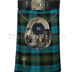 Scottish Highland Tartan Kilt Outfit Dragon Welsh 6 Pieces Wedding Kilt+Sporran+Leather Belt+Buckle+Pin in 50 Plus Tartans - Custom Made