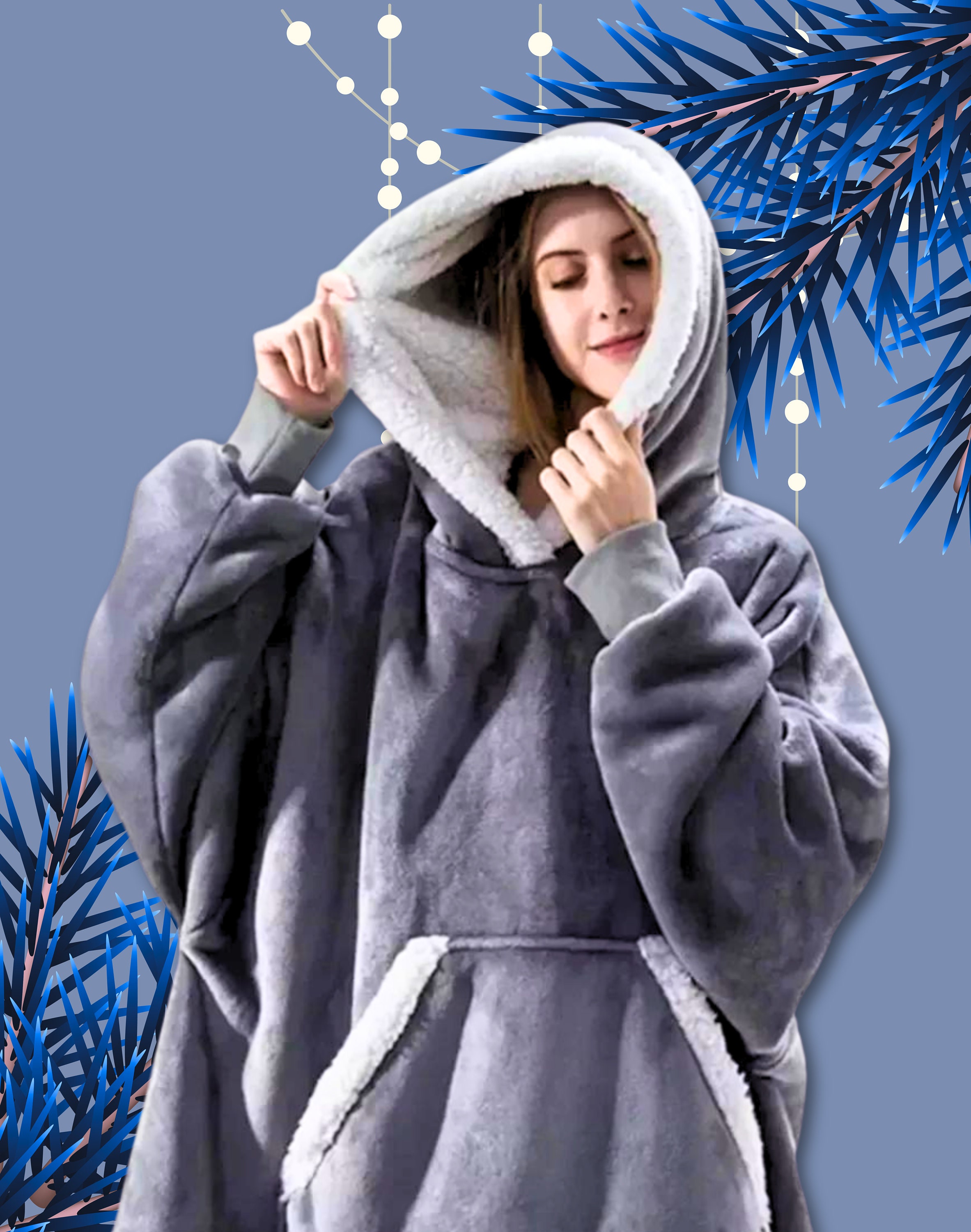 Plaid Poncho Gris à capuche - Taille unique - Cadeau Mamie